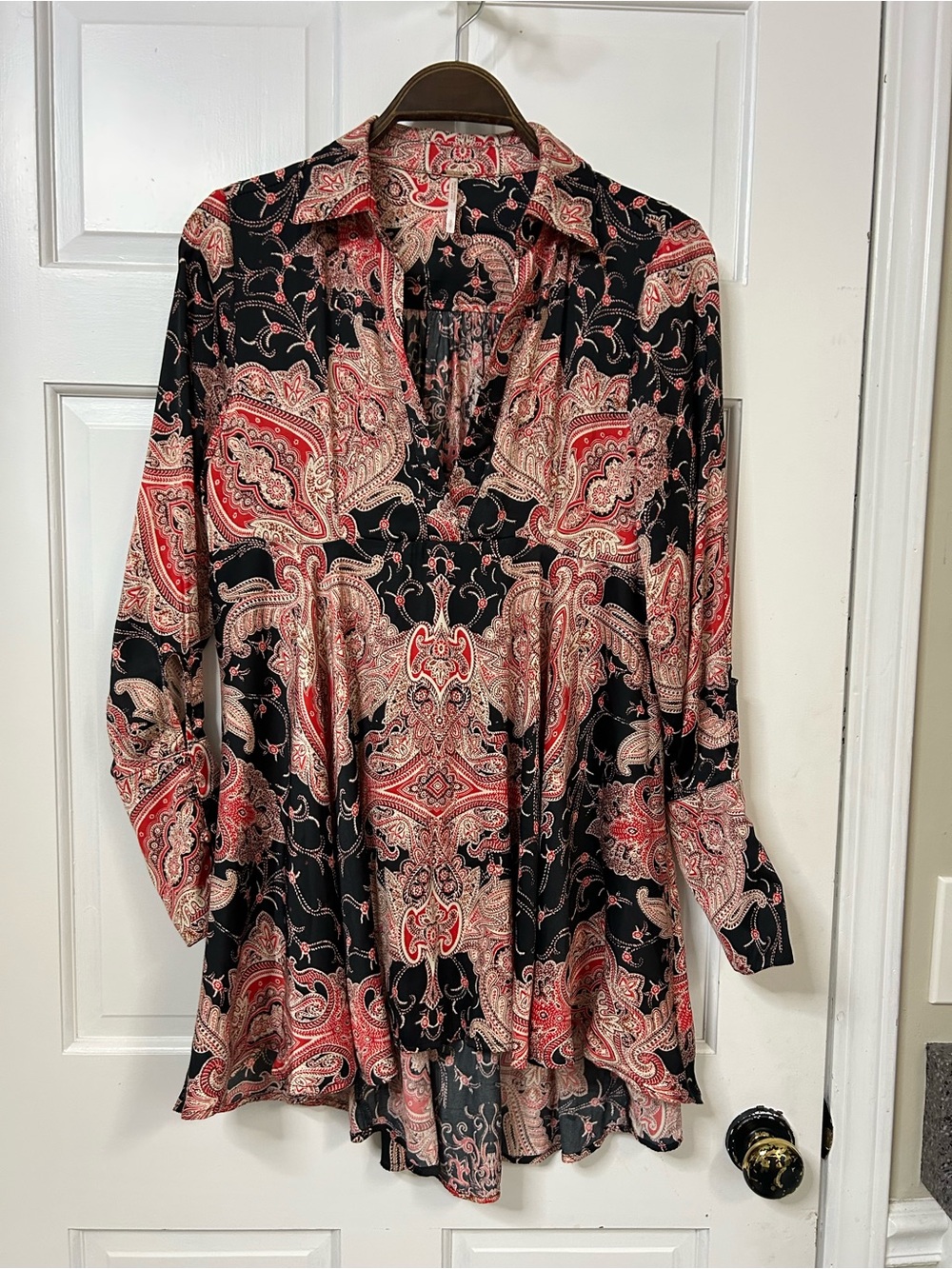 Free People Black Paisley V-Neck Tunic with Red and Cream Accents